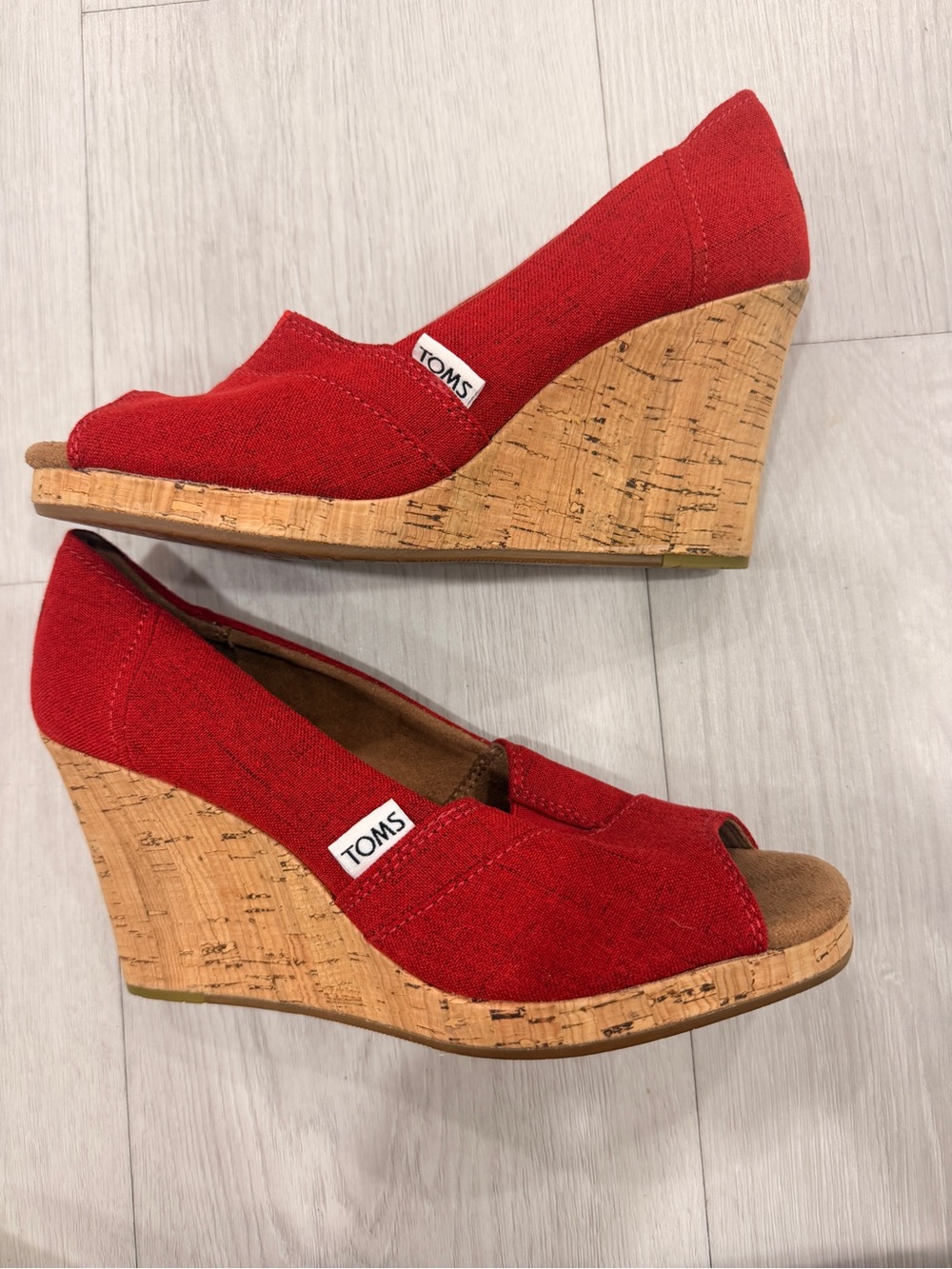 TOMS Red Canvas Cork Wedge Peep Toe Slip On‎ Heels Size 7